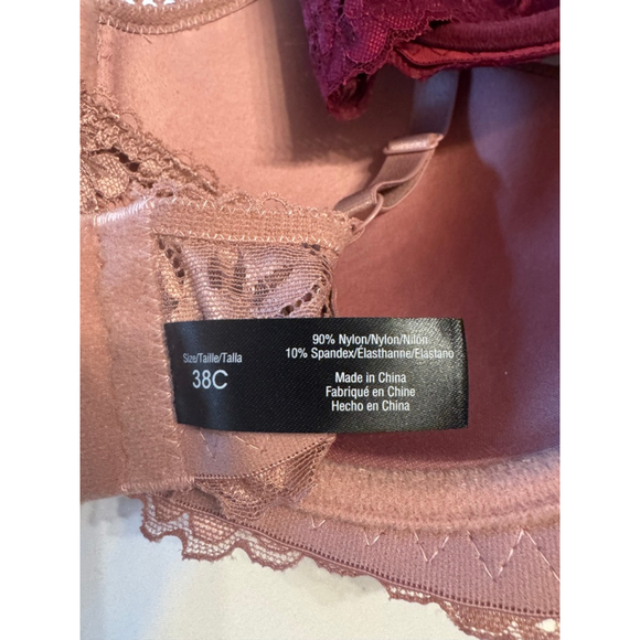 Women's Rene Rofe Bras 38C Pink Burgundy Lightly Padded Lace 2-Pack - Picture 5 of 5